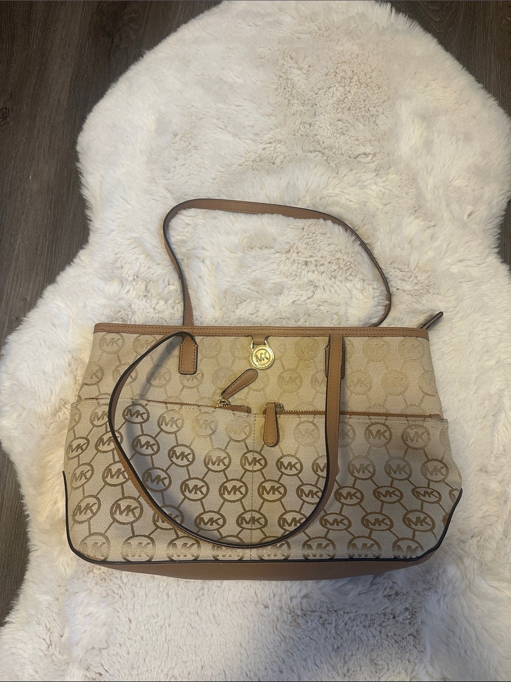 Michael Kors Tan & Beige MK Logo Canvas Tote